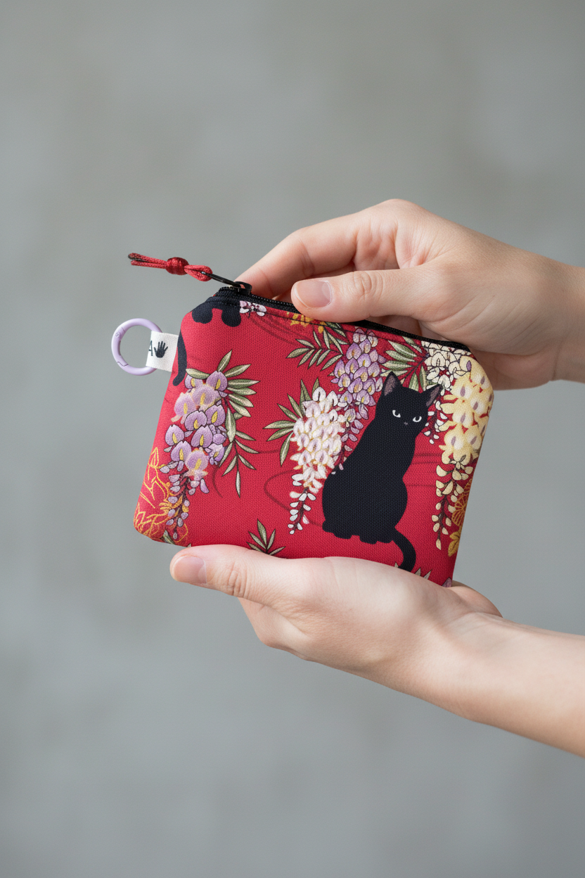 Monedero gato granate flores lilas